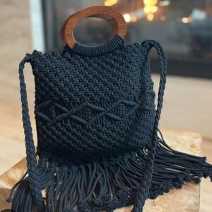 Handcrafted Black Knitted Bag with Wooden Handles